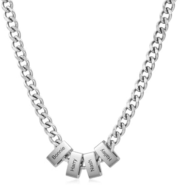 Collier Personnalisé pour Homme Avec 1 à 6 Prénoms Chaîne en Acier inoxydable pour Papa Mari Petit ami Cadeau Personnalisé pour Noël, Saint-Valentin,Fête des Pères,Anniversaires (bead-4 nom)