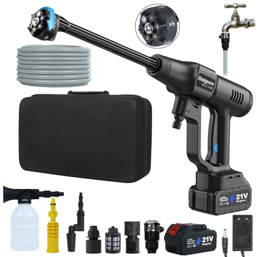 Idropulitrice a batteria, 100 bar, a batteria a 3 marce, idropulitrice portatile senza fili (2 batterie da 4 Ah, tubo da 5 m, attacco per rubinetto e 4 ugelli inclusi)