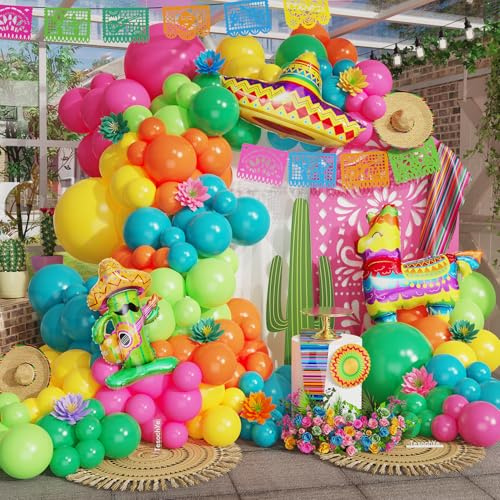 Tesochye Kit de arco de globos de fiesta mexicana, decoraciones de fiesta del Cinco de Mayo, globos gigantes de papel de aluminio de llama, cactus arcoíris, kit de arco de globos para carnaval