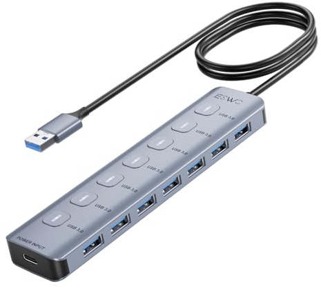 USB 3.0 Hub 7 Ports, JESWO USB Hub Multi USB Extender for PC Laptop | Aluminum,Independent Switches & LED Indicators,3.3Ft Long Cable, 5Gbps USB Extension, Connect all USB-A Device