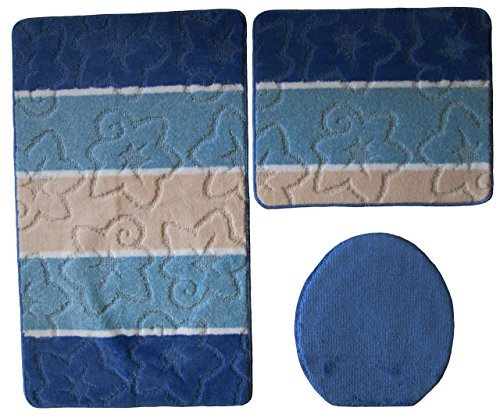 Orion Badgarnitur 3 TLG. Set 50x80 cm Mehrfarbig gestreift, WC Vorleger ohne Ausschnitt für Hänge-WC (dunkelblau blau Creme)