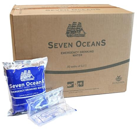 Seven Ocean Emergency Drinking Water, Notfallnahrung Wasser | 30 Konserven fast unzerstörbar mit extrem langer Haltbarkeit - ohne chemische Zusätze