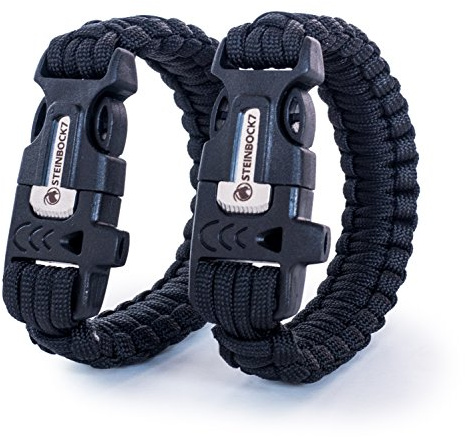 Steinbock7 Hochkönig 3-in-1 Paracord-Armband 2er Set - im Verschluss integriert: Pfeife, Feuerstein & Messer, inkl. E-Book - Camping, Outdoor, Wildnis