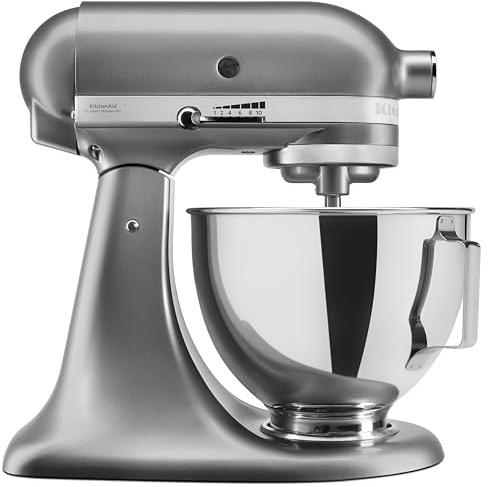 KitchenAid 5KSM95PSECU Küchenmaschine (4,3 L, Spritzschutz, 275 Watt, Flachrührer, Knethaken und Schneebesen) Silber