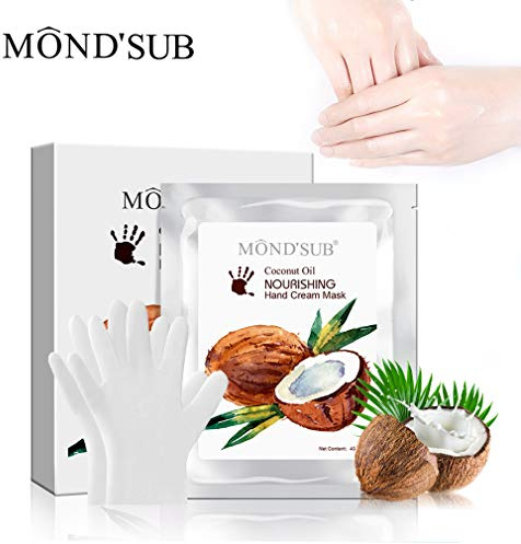 MOND’SUB Coconut Oil Hand Mask Gloves for Dry Hands Set of 5 Pairs,Moisturizing & Whitening Anti-Aging Hydrating Hand Care Gloves, Soften Cutin/Supplement Nutrition,Exfoliating