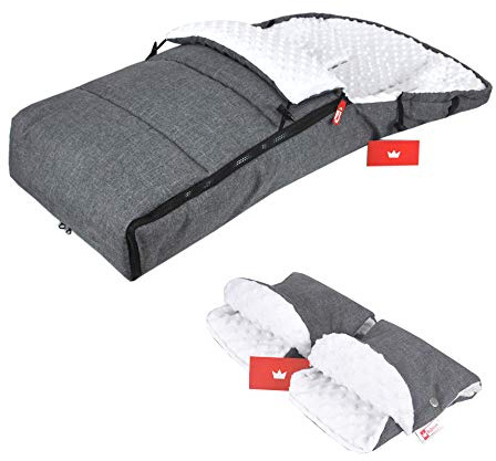 BABYLUX Fußsack 90cm MINKY Kinderwagen Buggy Babyschale Thermo +/ Muff Handmuff Winterfußsack (Grau + Minky Weiß + Handmuff)