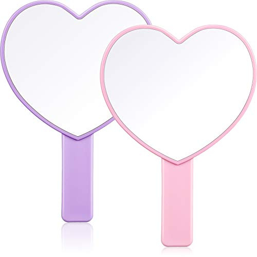 Jetec 2 Pieces Heart Shaped Handheld Cosmetic Mirrors Mini Travel Makeup Mirrors with Handle Valentine's Day Small Heart Decorative for Women(Pink, Purple)