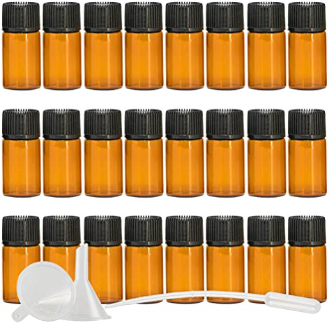 TIANZD 25 Piezas 3ml Botellas Vacías de Aceite Esencial de Vidrio Ámbar con Tapa de Rosca Frascos de Vidrio de Muestra con Reductor de orificio para Cosmético, Aromaterapia, Viajes