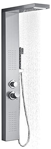 Aufun Panel de ducha de acero inoxidable, sistema de ducha con ducha de lluvia, ducha de masaje, columna de ducha, juego de ducha con ducha de mano para cuarto de baño, color plateado