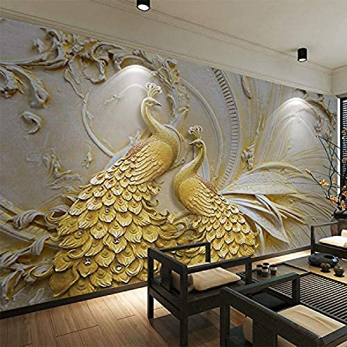 XHXI 3D-Stereo-Relief, goldener Pfau, Wandbild, selbstklebende Wandfarbe, wasserfester Leinwandaufkleber Wohnzimmer fototapete 3d Tapete effekt Vlies wandbild Schlafzimmer-400cm×280cm