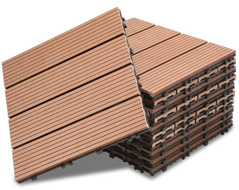 Ikodm WPC terrassplattor, 11 stycken 30 x 30 cm balkong golvplattor, trädgårdskakel med klicksystem, golvbeläggning med dränering, balkonggolv brun i träutseende, 1 m²