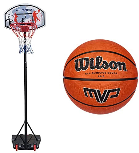 HUDORA Basketballständer All Stars 205 - Basketballkorb mit Ständer & Wilson Outdoor-Basketball, Rauer Untergrund, Asphalt, Granulat, Kunststoffboden, Größe 6, 8 bis 12 Jahre, MVP, Braun