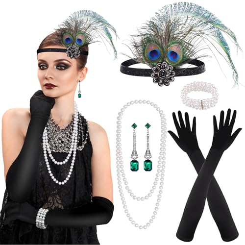 PLULON 8 teiliges 1920er Flapper Great Gatsby Accessoires-Set Fashion Roaring 20's Theme Set mit Stirnband, Kopfbedeckung, langen schwarzen