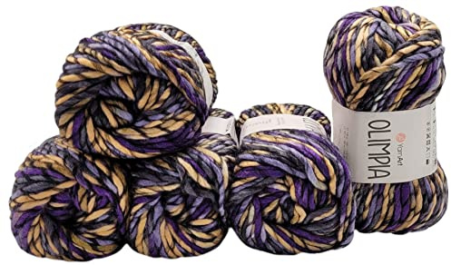 5 x 100 Gramm Olimpia Strickgarn, Multicolor Dochtgarn, 500 Gramm Strickwolle 20% Wolle, extra dick (1412 lila grau pfirsich)