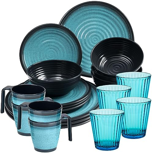 Melamin Geschirr Set 20 Teile elegante Steingut Optik blau Tassen 360ml 4