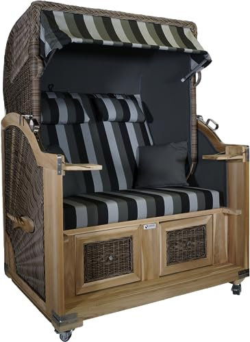 Strandkorb Teak Koboo, schwarz/grau Stoff, 2 Sitzer Voll-Liegemodell