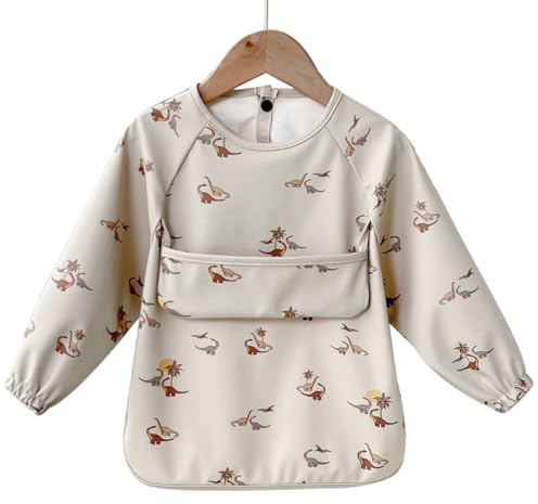 Alimos Long Sleeved Baby Bib 12-36 Months - Reversible Front Pocket for Baby Led Weaning - Waterproof & Easy to Clean - Ideal for Messy Mealtime - Cute & Practical Baby Feeding Bib(Dino)…