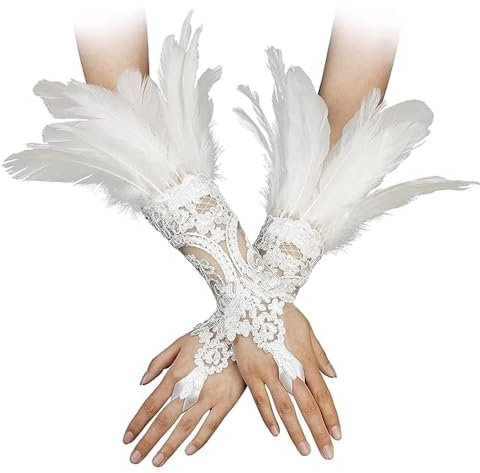 LJRPUPY Gothic fingerlose Federhandschuhe für Damen, Halloween-Kostüm, lange Spitzenhandschuhe, Handgelenkmanschetten, Ärmel, Weiß, EinheitsgröÃŸe
