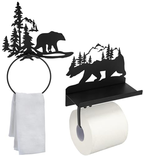 Funrous 2 Pcs Bear Toilet Paper Holder Bear Towel Ring Holder for Bathroom Black Bathroom Cabin Decor Holders with Shelf Rustic Wall Mount Forest Farmhouse Towel Rack for Home Kitchen