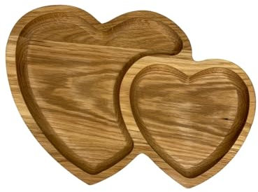 EFO Plateau décoratif en bois pour snacks | Plat de service en chêne naturel fait main au design charmant | Idéal pour servir des noix et des fruits | Forme de Double Cœur