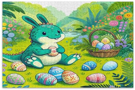 Cartoon Osterhase Dino und Eier Puzzle für Erwachsene 1000 Teile Einzigartige Puzzles Weißer Elefant Geschenkideen, Fertige Größe 29,5 x 19,7 Zoll