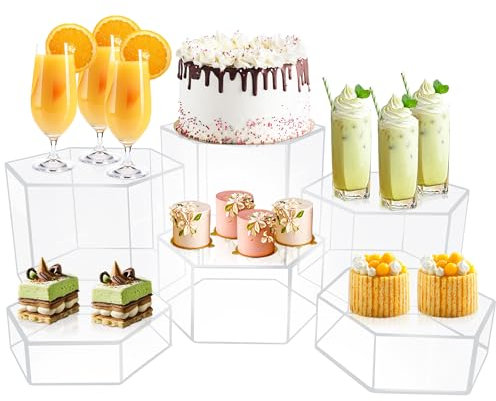 koretech 6 Pcs Buffet Risers, Dessert Stands, Acrylic Boxes for Display, Hexagonal Jewelry Showcase, Riser Display Cases Acrylic Display Base, Clear