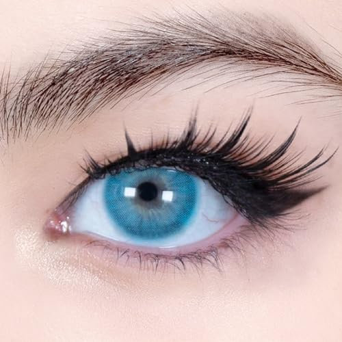 Sehr stark natürlich deckende blaue Kontaktlinsen farbig NATURAL Blau + Behälter, 1 Paar (2 Stück), ohne Stärke, 0.00 Dioptrien, 1 Monatslinsen, ohne Sehstärke,Soft Lens