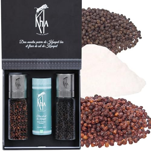 Khla - Coffret Moulins Poivres & Sel de Kampot - Coffret Cadeau - Poivre Noir, Poivre Rouge & Fleur de Sel - Grands Crus Rares - Poivre du Monde - Moulins Rechargeables - Origine Cambodge