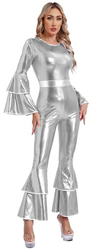 Msemis 70-tals discopatkostym för kvinnor, långärmad glänsande jumpsuit, overall, bodycon bell, flare-byxor, karnevalskostymer, silver S