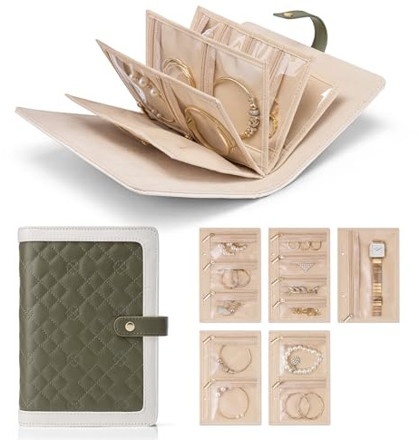 Vlando Organiseur de bijoux de voyage, livre de rangement pliable, étui à bijoux, classeur à anneaux avec 5 pochettes à bijoux en velours pour collier, boucles d'oreilles, bracelets, bagues, broches