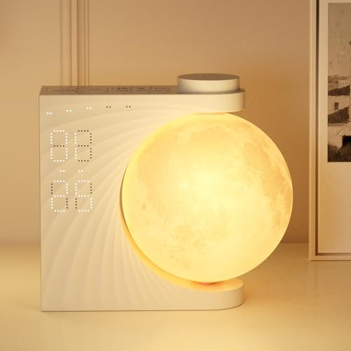 INSSISAIN Moon Lamp with Luminous Alarm Clock and Light, 8 Colours LED Wake-up Light, Double Alarm, Snooze Function, 10 Nature Sounds
