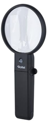 Rollei Handlupe mit LED-Licht und Standfuß – Bifokus-Linse mit 2X und 4,5X Vergrößerung, Verstellbare Linse, Ausklappbarer Standfuß, Inklusive Aufbewahrungstasche, Schwarz