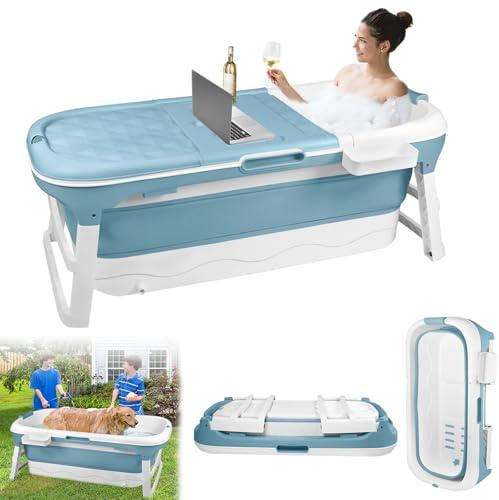 XINZI Baignoire pliable pour adulte - 128 x 62 x 52 cm - Baignoire pliable pour adulte - Avec couvercle, rouleaux de massage et panier à savon - Baignoire mobile pliable pour petites salles de bain et