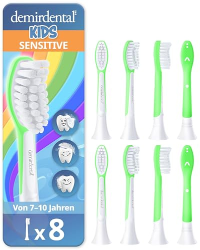 demirdental ersättningsborstar för barn som passar Philips Sonicare ersättningsborstar Kids, soniska tandborstar för barn, ersättningsborstar för barn från 7 år, motsvarande HX6048, grön, set om 8