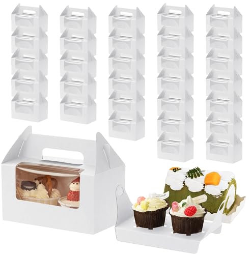 Aslanka Juego de 30 Cajas para Cupcakes con Bandejas, Juego de Cajas para Pasteles (30 Cajas + 30 Bandejas), Cajas para Pasteles Blancas con Ventana, Adecuadas para Envases de Magdalenas y Postres