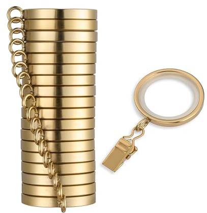MODE Cambria Designer Series - Premium Easy Glide 18 Count Small Curtain Rings - Metal with Nylon Inserts and Clips - 1 inch Inner Diameter - use for rods 5/8 or Smaller - Brushed Gold