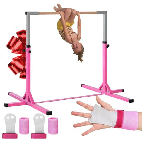 Gym Bar Barra de Gimnasia para Ninos Rosa | 13 Niveles Ajustables 90 a 150 cm | Acero y Madera Maciza de Haya | Kit Protección Incluido | Equipamiento Deportivo | Sport, Gymnastics | Aerobik