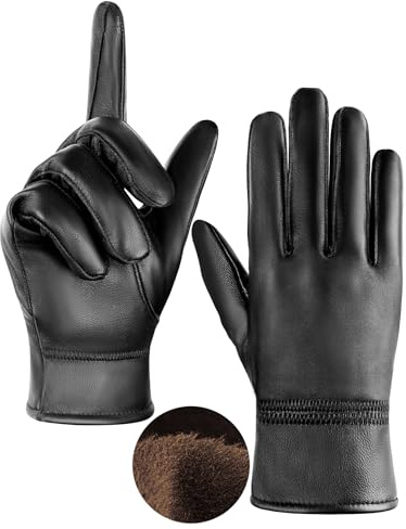 MELLIEX Guantes de Piel Hombre, Invierno Guantes de Cuero Auténtico con Forro Cálidos Pantalla Táctil Guantes Resistentes al Viento