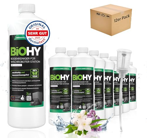 BiOHY Limpiador de suelos para robot limpiador estación con aroma primaveral (12 x 1 litro) + dosificador, detergente concentrado para todos los robots limpiadores y aspiradores con función húmeda,