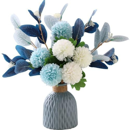 Fake Flowers with Vase, Artificial Flowers Blue Faux Hydrangea Flower Arrangements Artificial Silk Flowers for Home Decor, Home Garden Party Wedding Decoration, Living Room Dining Decorations