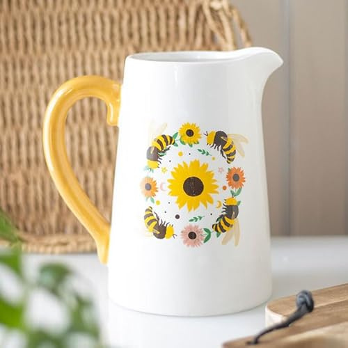 Pichet d'été en céramique avec abeilles et tournesols – Charmant motif tournesol et abeille – Poignée jaune vif – Idéal pour les présentations de fleurs et la décoration d'intérieur