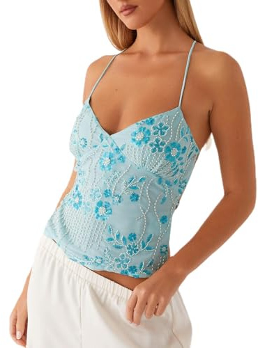 Kvinnor Y2K paljett cami topp v-hals kors remmar linne söt gnistrande rygglösa magtoppar sexig ärmlös spagettirem toppar mode paljett topp, BLÅ, S