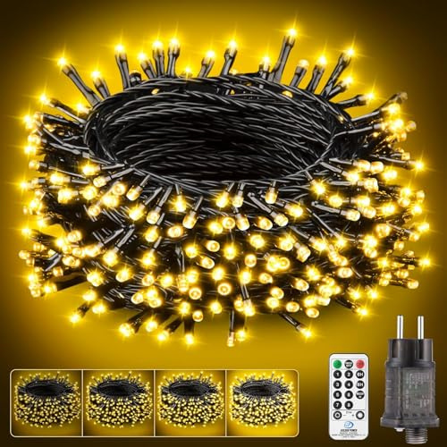 LaiTeny Luci Albero di Natale Esterno - 15M 150LED Bianco Caldo Catena Luminosa, Luci Stringa a Spina Con 8 Modalità Impermeabile Timer Telecomando luci da Interno Natalizie