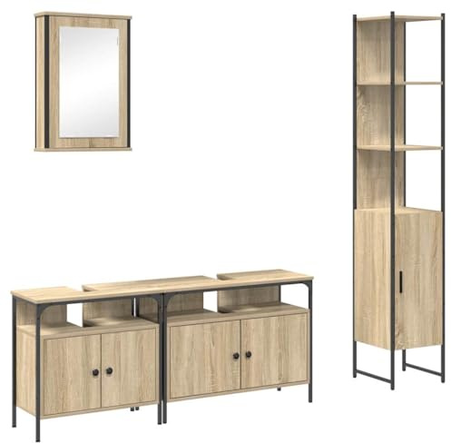 vidaXL Badezimmermöbel Set 4 pcs Sonoma-Eiche 33 x 33 x 185.5 cm, Rustikales Badezimmermöbel-Set, robuster Wandschrank, praktische Aufbewahrung, Spiegel, strukturiertes Regal
