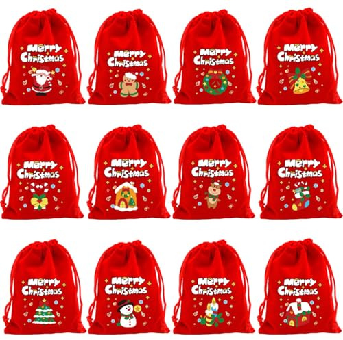 DEARBAG 12pcs Rot Samtbeutel Weihnachtstüten, Weihnachts-Geschenktüten mit Kordelzug, Wiederverwendbar Weihnachten Geschenkbeutel, Weihnachtsbeutel Klein zum Befüllen Süßigkeiten (rot-3, 9x12cm)