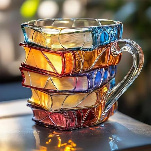 Shitafe Painted Book Mug, Novelty Reading Coffee Cup with Charming Book-Themed Designs, Funny 3D Painted Books Coffee Mug, Glass Stack Shaped Cup for Books Lover Gift