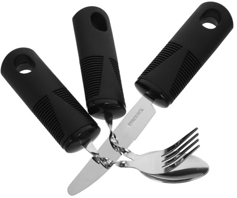 BIUDECO 3 piezas Cubiertos Adaptativos Antiestrés para Ancianos Juego Inoxidable con Cuchillo Tenedor y Cuchara Flexibles Diseño Ergonómico Antideslizante para Temblores y Facilidad de