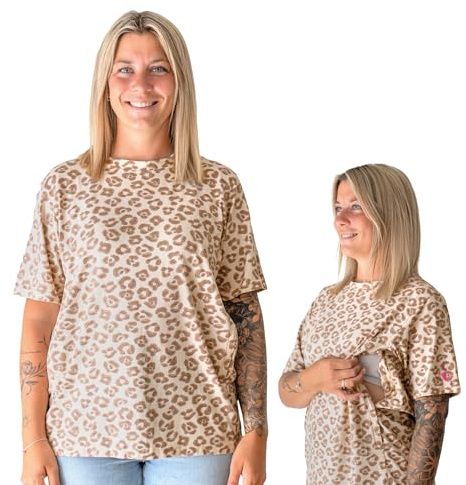 Soulmum Stillshirt Kurzarm, mit verstecktem Reißverschluss, Umstandsmode, Stilltop und Umstandshirt für Schwangerschaft & Stillzeit aus feinem Bambusjersey (Leo Größe: L)