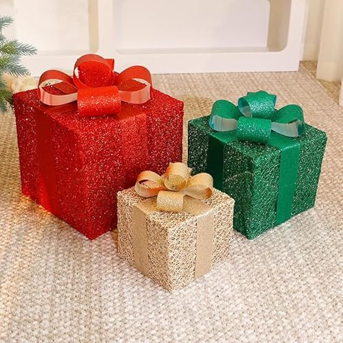 Xiyocadt Weihnachtsgeschenkbox-Trio Festliches Dekorationsset｜10 Designs zur Auswahl｜Jedes Set enthält 3 Größen (25 cm/20 cm/15 cm) Dekorationsrequisiten für die Party zu Hause (A)