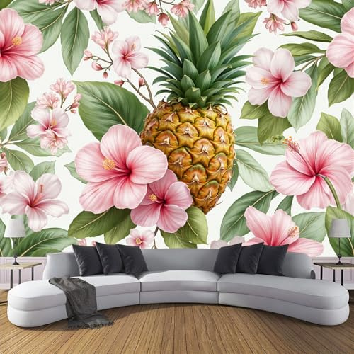 fiori tropicali su rosa verde, Carta da Parati Fotografica - 200 x 140 cm, Murale Premium da Parete Ananas acquerello, Decorazione Moderna per Camera o Soggiorno